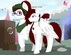 Size: 2960x2304 | Tagged: safe, artist:mairiathus, oc, oc:sherry cloud, pegasus, pony, child, dog tags, family, female, light skin, mother and child, mother and daughter, purple eyes, red hair, siblings, sisters, trio, wings