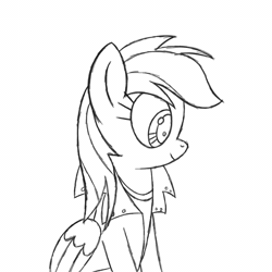 Size: 1080x1080 | Tagged: safe, artist:iamaveryrealperson, rainbow dash, pegasus, pony, g4, 2023, animated, black and white, blinking, boop, clothes, ear flick, eyebrows, eyelashes, flustered, folded wings, frame by frame, frown, gif, grayscale, jacket, leather, leather jacket, looking at someone, looking at something, looking at you, looking offscreen, loop, monochrome, moving, nose wrinkle, offscreen character, rainbow dash is not amused, raised hoof, scrunchy face, shirt, show accurate, simple background, sketch, smiling, solo focus, t-shirt, unamused, white background, wings