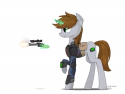Size: 2160x1620 | Tagged: safe, artist:migesanwu, oc, oc only, oc:littlepip, pony, unicorn, fallout equestria, armor, bag, blood, clothes, female, glowing, glowing horn, gun, handgun, horn, little macintosh, magic, pipbuck, raised hoof, revolver, saddle bag, side view, simple background, solo, telekinesis, weapon, white background