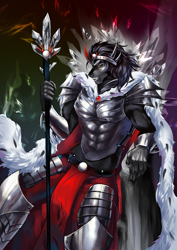 Size: 2480x3508 | Tagged: safe, artist:ginger, king sombra, umbrum, unicorn, anthro, g4, antagonist, anthro with ponies, armor, claws, cloak, clothes, crown, crystal, curved horn, dark magic, fangs, helmet, horn, jewelry, magic, male, metal, muscles, realistic, red eyes, regalia, sharp teeth, teeth, throne