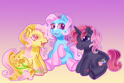 Size: 3700x2500 | Tagged: safe, alternate version, artist:leopardsnaps, oc, oc only, oc:crystal nightshine, oc:golden rose, oc:nurse brighthope, earth pony, pony, unicorn, g3, alternate cutie mark, blaze (coat marking), coat markings, colored hooves, facial markings, gradient background, gradient legs, heart, heart eyes, horn, large cutie mark, looking at each other, looking at someone, male, multicolored eyes, open mouth, open smile, raised hoof, sitting, smiling, socks (coat markings), solo, sparkly eyes, stallion, style emulation, trio, unicorn oc, wingding eyes