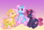 Size: 3700x2500 | Tagged: safe, alternate version, artist:leopardsnaps, oc, oc only, oc:crystal nightshine, oc:golden rose, oc:nurse brighthope, earth pony, pony, unicorn, g3, alternate cutie mark, blaze (coat marking), coat markings, colored hooves, facial markings, gradient background, gradient legs, heart, heart eyes, horn, large cutie mark, looking at each other, looking at someone, male, multicolored eyes, open mouth, open smile, raised hoof, sitting, smiling, socks (coat markings), sparkly eyes, stallion, style emulation, trio, unicorn oc, wingding eyes