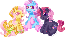 Size: 3557x2040 | Tagged: safe, alternate version, artist:leopardsnaps, oc, oc only, oc:crystal nightshine, oc:golden rose, oc:nurse brighthope, earth pony, pony, unicorn, g3, alternate cutie mark, blaze (coat marking), coat markings, colored hooves, facial markings, gradient hooves, heart, heart eyes, horn, large cutie mark, looking at each other, looking at someone, male, multicolored eyes, open mouth, open smile, raised hoof, simple background, sitting, smiling, socks (coat markings), solo, sparkly eyes, stallion, style emulation, transparent background, trio, unicorn oc, wingding eyes