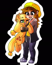 Size: 1638x2048 | Tagged: oc name needed, source needed, safe, artist:dub_doodles, applejack, oc, earth pony, human, pony, g4, cute, duo, duo female, female, grin, heart, heart eyes, holding a pony, jackabetes, one eye closed, open mouth, open smile, smiling, wingding eyes