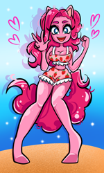 Size: 1952x3263 | Tagged: safe, artist:vikensy, pinkie pie, earth pony, anthro, unguligrade anthro, g4, beach, big breasts, breasts, busty pinkie pie, cleavage, clothes, female, heart, midriff, no nose, open mouth, open smile, peace sign, shorts, smiling, solo, wasp waist