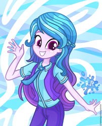 Size: 2015x2490 | Tagged: safe, artist:rjp.rammy, izzy moonbow, human, equestria girls, g4, g5, my little pony: tell your tale, background human, beautiful, beautiful hair, clothes, cutie mark accessory, equestria girls-ified, female, g5 to equestria girls, g5 to g4, generation leap, grin, human coloration, humanized, long hair, looking at you, necktie, pants, pink eyes, purple skin, shirt, smiling, smiling at you, solo, teenager, teeth, vest, waving, waving at you