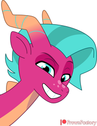 Size: 3000x3878 | Tagged: safe, artist:frownfactory, blaize skysong, dragon, g5, lavarynth, my little pony: tell your tale, spoiler:g5, spoiler:my little pony: tell your tale, spoiler:tyts01e62, bust, dragoness, female, grin, horns, simple background, smiling, solo, transparent background, vector