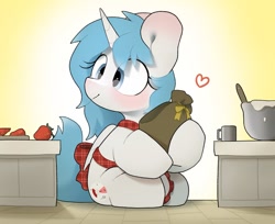 Size: 680x554 | Tagged: safe, artist:mochi_nation, oc, oc only, oc:nara (fl), alicorn, pony, bag, bowl, commission, cooking, cup, food, happy, heart, herbivore, kitchen, looking at something, smiling, solo, strawberry, sweet, teacup, whisk