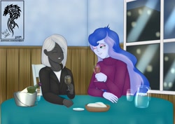 Size: 4093x2894 | Tagged: safe, artist:wolfjarl, princess luna, vice principal luna, oc, oc:night quill, human, equestria girls, g4, alcohol, bottle, canon x oc, clothes, cool, couple, dinner, drink, female, glass, happy, luill, male, restaurant, romance, romantic, shipping, straight, wine, wine bottle, wine glass