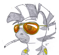 Size: 600x559 | Tagged: safe, artist:dombrus, oc, oc only, zebra, bust, cigarette, fear and loathing in las vegas, portrait, simple background, solo, sunglasses, traditional art, zebra oc