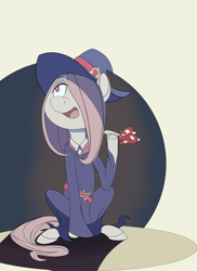 Size: 1700x2338 | Tagged: safe, artist:elponyfurry, earth pony, pony, clothes, costume, hair over one eye, hat, little witch academia, mushroom, not marble pie, not maud pie, not pinkamena, open mouth, ponified, sitting, sucy manbavaran, witch hat