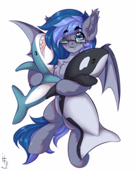 Size: 2400x3000 | Tagged: source needed, safe, artist:falafeljake, oc, oc only, oc:midnight snowstorm, bat pony, shark, blåhaj, chest fluff, commission, cuddling, cute, cute little fangs, fangs, glasses, looking at you, male, one eye closed, plushie, shark plushie, simple background, smiling, smiling at you, solo, stallion, white background, wink