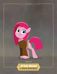 Size: 2552x3300 | Tagged: safe, artist:prixy05, pinkie pie, earth pony, pony, g4, female, gray background, jedi, lightsaber, lineless, mare, simple background, solo, star wars, star wars: the high republic, weapon