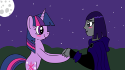 Size: 1920x1080 | Tagged: safe, artist:platinumdrop, twilight sparkle, unicorn, g4, bipedal, blushing, crossover, crossover shipping, dc comics, looking at each other, looking at someone, night, raven (dc comics), request, shipping, unicorn twilight