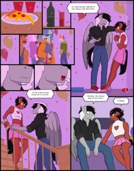 Size: 1668x2124 | Tagged: safe, artist:shallowwin, oc, oc only, oc:benjamin terrance tover, oc:sound shock, earth pony, pegasus, anthro, comic:house party, anthro oc, bedroom, clothes, comic, commission, crossdressing, cute, dialogue, gay, house, male, oc x oc, party, romance, romantic, shipping, skirt, spread wings, wings