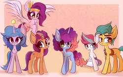 Size: 3874x2431 | Tagged: safe, artist:thebigstuff89, hitch trailblazer, izzy moonbow, misty brightdawn, pipp petals, sunny starscout, zipp storm, earth pony, pegasus, pony, unicorn, g5, :3, :o, ball, chest fluff, colored wings, diadem, ear fluff, eyebrows, female, flying, folded wings, gradient background, grin, group, high res, horn, horn impalement, hornball, izzy's tennis ball, jewelry, looking at you, male, mane five, mane six (g5), mane stripe sunny, mare, multicolored wings, open mouth, rebirth misty, regalia, sextet, sitting, smiling, smiling at you, spread wings, stallion, tennis ball, wings