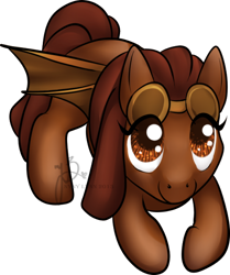 Size: 452x540 | Tagged: safe, artist:nyny, oc, oc only, oc:ramona cogwright, earth pony, artificial wings, augmented, brown eyes, brown fur, brown hair, chibi, dreadlocks, female, goggles, goggles on head, looking at you, mechanical wing, simple background, smiling, smiling at you, solo, steampunk, white background, wings