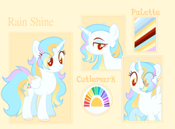 Size: 5568x4112 | Tagged: safe, artist:rainbows-skies, oc, oc:rain shine, alicorn, pony, colored wings, female, mare, reference sheet, solo, two toned wings, wings