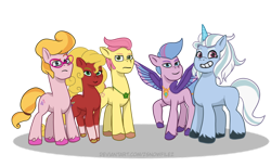 Size: 1024x631 | Tagged: safe, artist:zsnowfilez, alphabittle blossomforth, phyllis cloverleaf, posey bloom, queen haven, sprout cloverleaf, earth pony, pegasus, pony, unicorn, g5, achroite bloomforth, female, king heaven, male, mare, peony blossom, philip trefoil, rule 63, sapling trefoil, simple background, stallion, transparent background