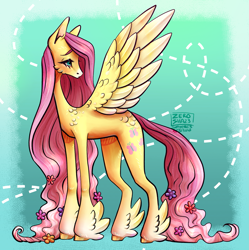 Size: 1757x1763 | Tagged: safe, artist:amcirken, fluttershy, pegasus, pony, g4, abstract background, cheek fluff, female, fetlock tuft, flower, flower in hair, lanky, long legs, mare, one wing out, skinny, solo, thin, turned head, wings