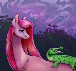 Size: 828x781 | Tagged: safe, artist:amcirken, gummy, pinkie pie, alligator, pony, g4, beautiful, night, pinkamena diane pie, realistic, sky