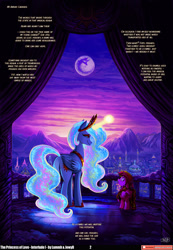 Size: 1280x1849 | Tagged: safe, artist:lummh, princess cadance, princess celestia, alicorn, pony, comic:the princess of love, g4, alternate hairstyle, alternate tailstyle, comic, crown, dialogue, female, filly, foal, glowing, glowing horn, hoof shoes, horn, jewelry, looking at each other, looking at someone, looking down, looking up, magic, mare, mare in the moon, moon, peytral, princess shoes, regalia, tail, text, unsure, wide eyes, young cadance, younger