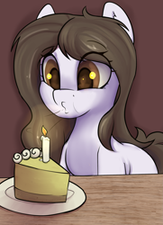 Size: 1999x2759 | Tagged: safe, artist:dumbwoofer, oc, oc only, oc:dumbwoofer, earth pony, pony, birthday, birthday cake, blowing, cake, candle, ear fluff, female, food, mare, plate, solo, table