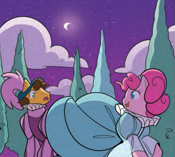 Size: 545x489 | Tagged: safe, artist:jenna ayoub, idw, cheese sandwich, pinkie pie, g4, clothes, dress, moon, my little pony classics reimagined: romeo and juliet, needs more jpeg, night, tree