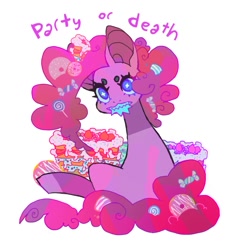 Size: 851x931 | Tagged: safe, artist:cutesykill, pinkie pie, earth pony, pony, g4, beanbrows, blue teeth, cake, candy, candy in hair, colored teeth, donut, eyebrows, fangs, female, food, hair accessory, lollipop, looking at you, looking back, looking back at you, mare, pastries, simple background, sitting, solo, text, white background, wingding eyes