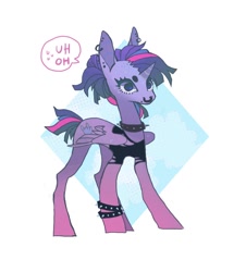 Size: 868x960 | Tagged: safe, artist:cutesykill, twilight sparkle, alicorn, pony, g4, :o, alternate cutie mark, alternate hairstyle, alternate tailstyle, beanbrows, clothes, collar, dialogue, ear piercing, eyebrows, female, folded wings, gradient hooves, lip piercing, mare, no mouth, nose piercing, nose ring, open mouth, piercing, short tail, solo, speech bubble, spiked collar, spiked wristband, standing, sweat, sweatdrop, tail, talking, text, torn clothes, twilight sparkle (alicorn), wings, wristband