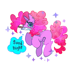 Size: 851x851 | Tagged: safe, artist:cutesykill, pinkie pie, earth pony, pony, g4, beanbrows, ear piercing, earring, eyebrows, female, good night, holding, jewelry, knife, mare, mouth hold, no mouth, piercing, simple background, solo, sparkles, text, thinking, this will end in cupcakes, thought bubble, white background, wingding eyes