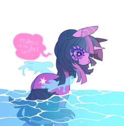 Size: 876x892 | Tagged: safe, artist:cutesykill, twilight sparkle, pony, unicorn, g4, colored eyelashes, dialogue, female, mare, no mouth, ocean, partially submerged, purple eyelashes, simple background, solo, speech bubble, standing in water, talking, text, unicorn twilight, water, watery wings, white background, wingding eyes, wings