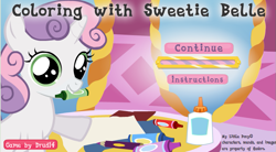 Size: 797x440 | Tagged: safe, artist:drud14, sweetie belle, pony, unicorn, explore ponyville, g4, 2014, brony history, coloring with sweetie belle, downloadable, downloadable content, fan game, female, filly, flash, flash game, foal, game, link in description, looking at you, meme, nostalgia, ponyville, show accurate, solo