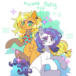 Size: 1049x1049 | Tagged: safe, artist:cutesykill, applejack, rarity, earth pony, pony, g4, bandana, beanbrows, cloud, colored eyebrows, colored eyelashes, duo, duo female, ear piercing, earring, earth pony rarity, eyebrows, female, freckles, jewelry, looking at you, lyrics in the description, mare, missing accessory, missing horn, piercing, ponytail, purple eyelashes, race swap, raised hooves, sitting, smiling, sparkles, text, wingding eyes
