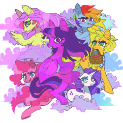 Size: 1134x1134 | Tagged: safe, artist:cutesykill, applejack, fluttershy, pinkie pie, rainbow dash, rarity, twilight sparkle, earth pony, pegasus, unicorn, g4, alternate eye color, apple, apple basket, bandana, basket, beanbrows, blue eyelashes, cloud, colored eyelashes, ear piercing, earring, eyebrows, female, folded wings, food, frown, group, jewelry, looking at you, looking back, looking back at you, mane six, mare, missing accessory, neckerchief, open mouth, open smile, piercing, purple eyelashes, sharp teeth, simple background, smiling, spread wings, standing, teeth, unicorn twilight, white background, windswept mane, wingding eyes, wings