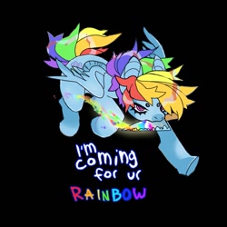 Size: 1021x1021 | Tagged: safe, artist:cutesykill, rainbow dash, pegasus, pony, g4, beanbrows, black background, blood, eyebrows, female, folded wings, holding, knife, lidded eyes, looking at you, mare, narrowed eyes, rainbow blood, running, simple background, solo, text, wingding eyes, wings