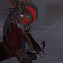 Size: 1920x1920 | Tagged: safe, artist:dvfrost, oc, oc only, oc:telos, zebra, fallout equestria, arrow, bolts, cape, clothes, crossbow, crossbow bolts, fallout, fog, history, read stripes, weapon