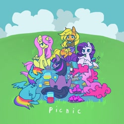 Size: 964x964 | Tagged: safe, artist:cutesykill, applejack, fluttershy, pinkie pie, rainbow dash, rarity, twilight sparkle, earth pony, pegasus, pony, unicorn, g4, alcohol, apple, bandana, basket, beanbrows, bottle, cake, can, cloud, cup, cupcake, eating, eyebrows, eyes closed, female, field, food, freckles, glass, grass, group, herbivore, holding, juice, looking at you, looking back, looking back at you, lying down, mane six, mare, missing accessory, mouth hold, neckerchief, no mouth, open mouth, open smile, orange juice, pastries, picnic, pie, pitcher, plate, prone, sitting, sky, small wings, smiling, sparkles, spread wings, staring into your soul, unicorn twilight, wine, wine bottle, wine glass, wings