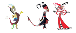 Size: 748x326 | Tagged: safe, artist:classictails124, discord, demon, draconequus, imp, insect, moth, undead, anthro, g4, addict, blitzo buckzo, cigarette, gold tooth, hat, hazbin hotel, hellaverse, hellborn, helluva boss, male, moth demon, multiple arms, multiple limbs, overlord demon, pimp, pimp hat, simple background, sinner demon, smoking, transparent background, trio, trio male, valentino (hazbin hotel)