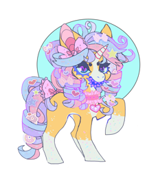 Size: 940x1020 | Tagged: safe, artist:cutesykill, oc, oc only, oc:bubble bleb, pony, unicorn, beanbrows, blaze (coat marking), blue eyelashes, blue sclera, bow, bowtie, choker, circle background, coat markings, collar, colored eyelashes, colored horn, colored sclera, colored teeth, decora, donut, eyebrows, facial markings, fangs, female, food, hair accessory, hair bow, hairclip, heart, horn, looking at you, mare, multicolored mane, multicolored tail, open mouth, pale belly, purple teeth, raised hoof, sharp teeth, simple background, socks (coat markings), solo, sprinkles in hair, standing, stars, tail, tail bow, teeth, unicorn oc, white background, wingding eyes