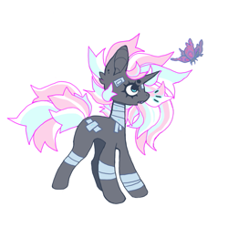 Size: 851x851 | Tagged: safe, artist:cutesykill, oc, oc only, oc:anoushka, butterfly, pony, unicorn, bandage, bandaged leg, bandaged neck, beanbrows, colored teeth, ear fluff, ear piercing, earring, eyebrows, fangs, horn, jewelry, male, multicolored mane, multicolored tail, open mouth, piercing, purple teeth, sharp teeth, simple background, solo, stallion, standing, tail, teal eyes, teenager, teeth, unicorn oc, white background