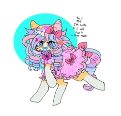 Size: 1078x1038 | Tagged: safe, artist:cutesykill, oc, oc only, oc:bubble bleb, fish, goldfish, pony, unicorn, bandage, bandaid, bandaid on nose, beanbrows, blaze (coat marking), bow, bowtie, circle background, clothes, coat markings, colored hooves, colored horn, colored teeth, colorful, dress, ear piercing, earring, eyebrows, facial markings, fangs, female, frilly dress, girly, hair accessory, hair bow, hairclip, horn, jewelry, leonine tail, looking at you, mare, multicolored mane, multicolored tail, neck bow, piercing, purple teeth, raised hoof, ringlets, sharp teeth, simple background, socks (coat markings), solo, tail, tail bow, teeth, text, threat, unicorn oc, white background, wingding eyes