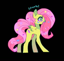Size: 1064x1016 | Tagged: safe, artist:cutesykill, fluttershy, pegasus, pony, g4, alternate cutie mark, alternate eye color, bandaid, beanbrows, black background, blue teeth, candy, candy in hair, colored eyebrows, colored eyelashes, colored muzzle, colored teeth, colored wings, colored wingtips, cyan teeth, donut, eyebrows, fangs, female, folded wings, food, hair accessory, heart, mare, open mouth, purple eyelashes, sharp teeth, simple background, small wings, solo, sparkles, standing, stars, surprised, teeth, text, wide eyes, wingding eyes, wings