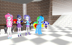Size: 1920x1200 | Tagged: safe, artist:puzzlshield2, pinkie pie, rarity, sci-twi, twilight sparkle, oc, oc:puzzle shield, pony, equestria girls, equestria girls series, g4, school of rock, 3d, chase, clothes, mario, mmd, motion lines, rah rah skirt, rarity peplum dress, recreation, sci-twi skirt, shrug, skirt, super mario 64, super mario bros., toad (mario bros)