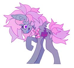 Size: 876x808 | Tagged: safe, artist:cutesykill, oc, oc only, oc:lila-mu, pegasus, pony, bag, beanbrows, big ears, blue teeth, clothes, colored teeth, cyan teeth, eyebrows, fangs, female, folded wings, looking at you, mare, multicolored mane, multicolored tail, pegasus oc, purple eyes, raised hoof, saddle bag, scarf, sharp teeth, short tail, simple background, small wings, solo, standing, striped scarf, tail, teeth, white background, wings