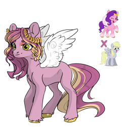 Size: 1134x1137 | Tagged: safe, artist:misty-periwinkle, derpy hooves, pipp petals, oc, pegasus, pony, g4, g5, 2023, concave belly, crack ship offspring, female, laurel wreath, magical lesbian spawn, mare, offspring, parent:derpy hooves, parent:pipp petals, parents:derpipp, simple background, smiling, solo, transparent background, wings