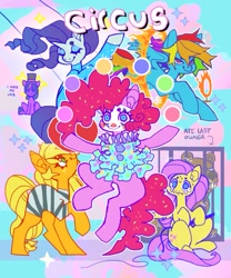 Size: 851x1021 | Tagged: safe, artist:cutesykill, applejack, fluttershy, pinkie pie, rainbow dash, rarity, twilight sparkle, bear, earth pony, pegasus, pony, unicorn, g4, beanbrows, bodysuit, cage, circus, clothes, cloud, clown, clown makeup, crying, dress, eyebrows, eyes closed, eyeshadow, female, fire, freckles, frown, group, hat, juggling, looking at you, looking up, makeup, mane six, mare, raised hoof, ring of fire, ringmaster, ruff (clothing), sitting, smiling, sparkles, standing, sweat, sweatdrop, text, top hat, trapeze, whip, worried