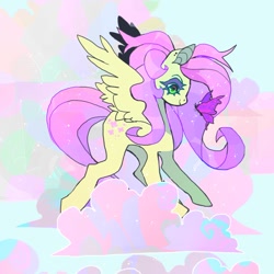 Size: 1021x1021 | Tagged: safe, artist:cutesykill, fluttershy, butterfly, pegasus, pony, g4, closed mouth, cloud, colored eyelashes, ear piercing, earring, female, jewelry, looking at something, on a cloud, piercing, purple eyelashes, sky background, smiling, solo, sparkly mane, sparkly tail, spread wings, standing, standing on a cloud, tail, wingding eyes, wings