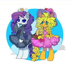 Size: 1170x1096 | Tagged: safe, artist:cutesykill, applejack, rarity, earth pony, unicorn, semi-anthro, g4, alternate hairstyle, apple, apple basket, basket, beanbrows, braid, braided pigtails, braided ponytail, braided tail, brooch, circle background, closed mouth, clothes, colored eyebrows, corset, crown, doll, dress, duo, duo female, ear piercing, earring, eyebrows, eyeshadow, female, food, freckles, frilly dress, goth, hat, jewelry, lesbian, looking at you, makeup, noblewoman's laugh, open mouth, open smile, piercing, pigtails, pink dress, ponytail, raised hoof, regalia, ship:rarijack, shipping, sky background, smiling, standing, sun hat, sundress, tail, toy, wingding eyes