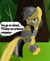 Size: 1300x1601 | Tagged: safe, artist:cardshark777, daring do, pegasus, g4, angry, bondage, bush, covered cutie mark, dialogue, digital art, feather, female, forest, gag, helpless, hooves behind back, imminent tickles, jungle, looking at you, mare, missing accessory, nature, shading, sitting, tape, tape bondage, tape gag, text, tied up, tree, unamused